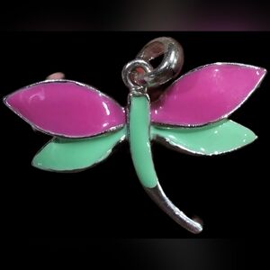 Dragonfly Pendant Pink Teal Silver Enameled